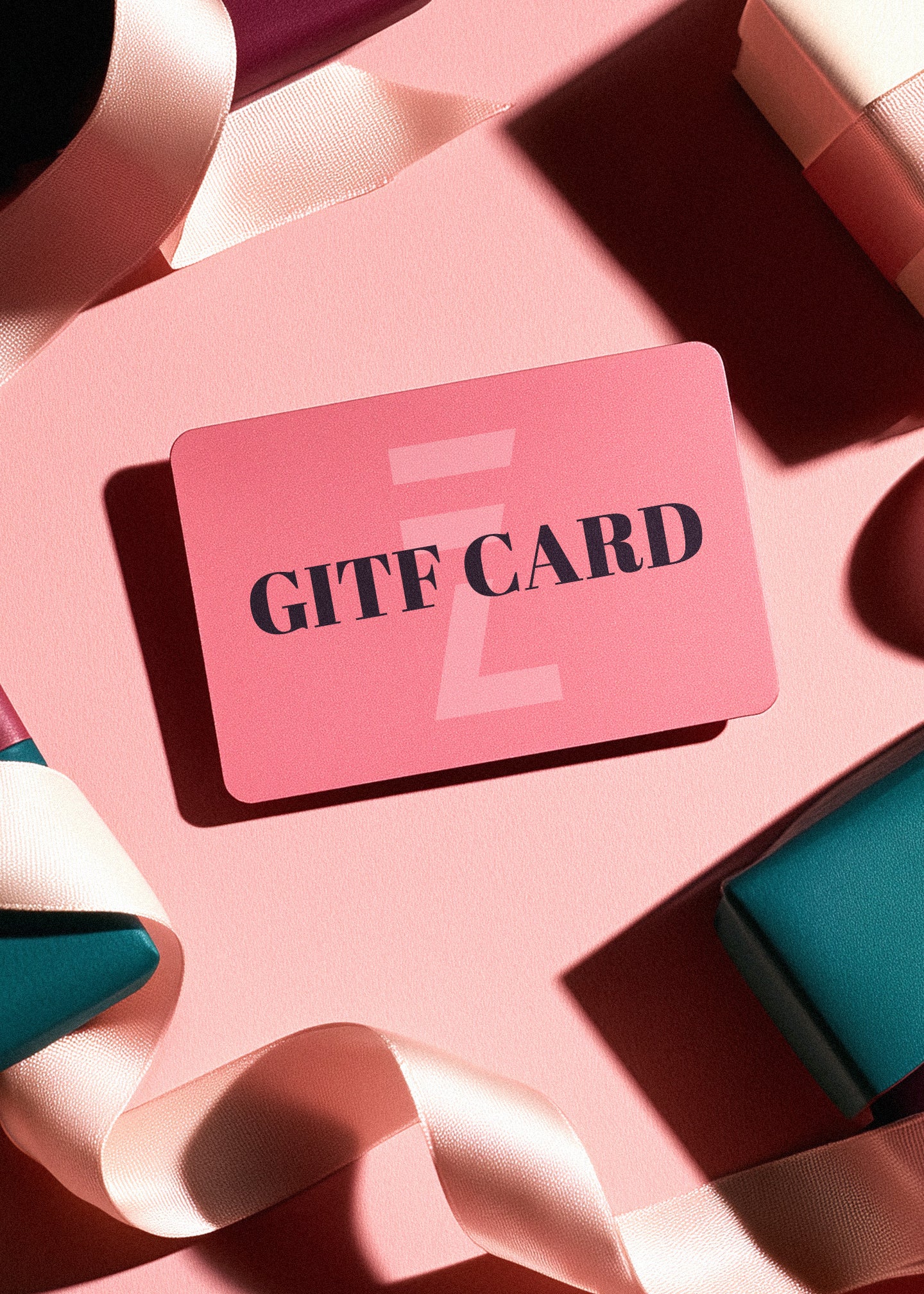 A large purple Doruzova Gift Card with white text reading GIFT CARD is surrounded by floating wrapped presents in pink, purple, and orange, set against a pink background.