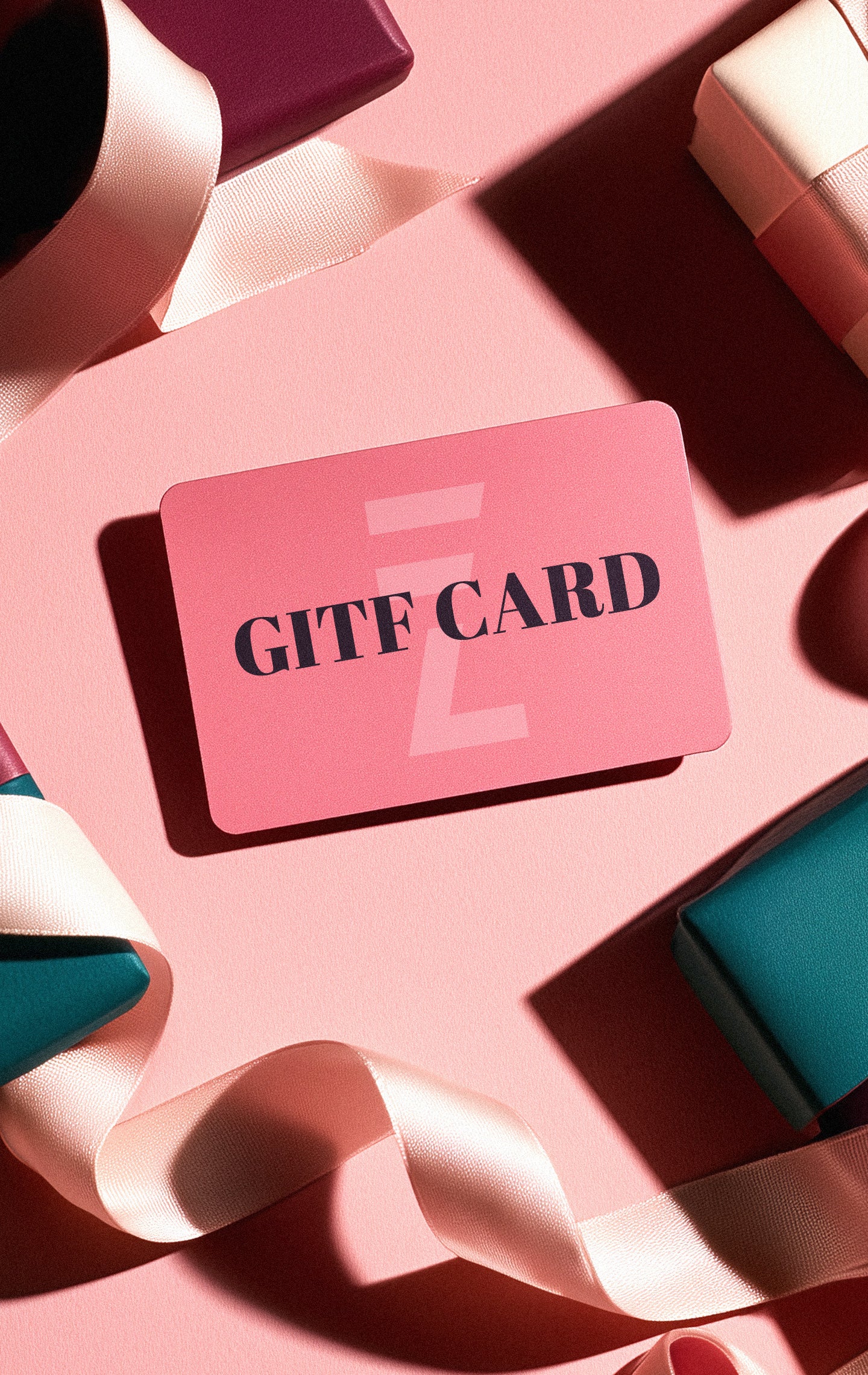 A large purple Doruzova Gift Card with white text reading GIFT CARD is surrounded by floating wrapped presents in pink, purple, and orange, set against a pink background.