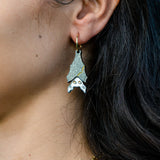 A close-up of a person’s ear wearing a glittery rocket-shaped earring with a gold hoop, adding a touch of gothic glam. The person has long dark hair and is also wearing a delicate gold necklace with a small star charm.